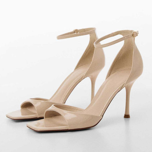 Beige Patent Leather Square Toe Stiletto Heel Ankle Strap Sandals