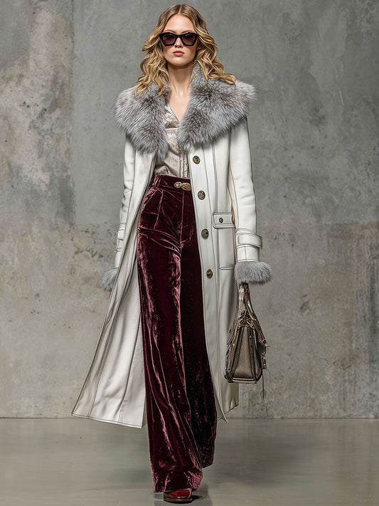 Fashion Retro White Faux Leather And Faux Fur Collar Long Coat