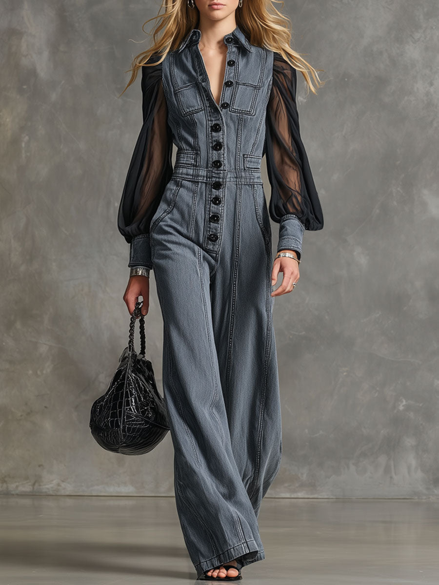 Fashion Retro Mesh Long-Sleeved Graphite Gray Wide-Leg Jumpsuit