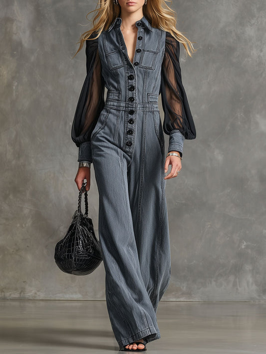 Fashion Retro Mesh Long-Sleeved Graphite Gray Wide-Leg Jumpsuit
