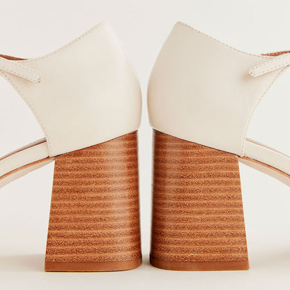 Beige Closed Square Toe Block Heel Pumps with Buckled Ankle Strap
