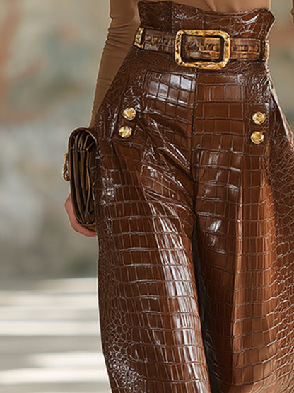 Elegant And Luxurious Brown Crocodile-print Faux Leather High-waist Wide-leg Pants