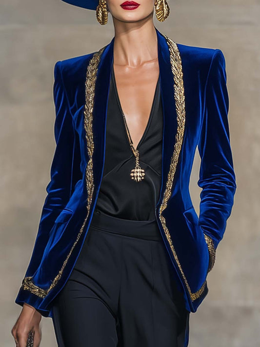 Elegant And Exquisite Collarless Gold Trim Royal Blue Velvet X-shaped Blzaer