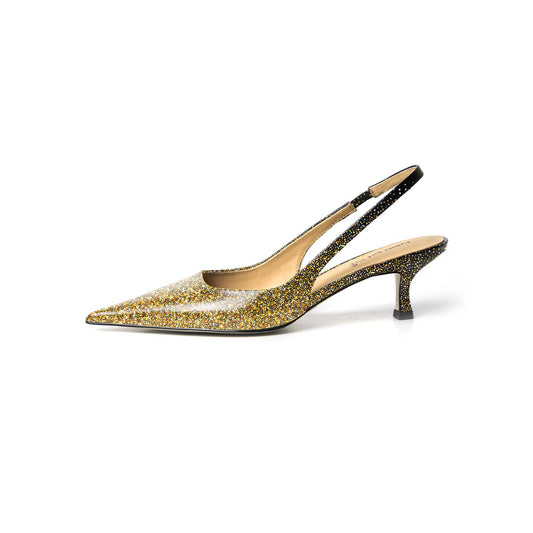 Glitter Pointed Toe Sparkling Gold Slingback Kitten Heel Pump For Women