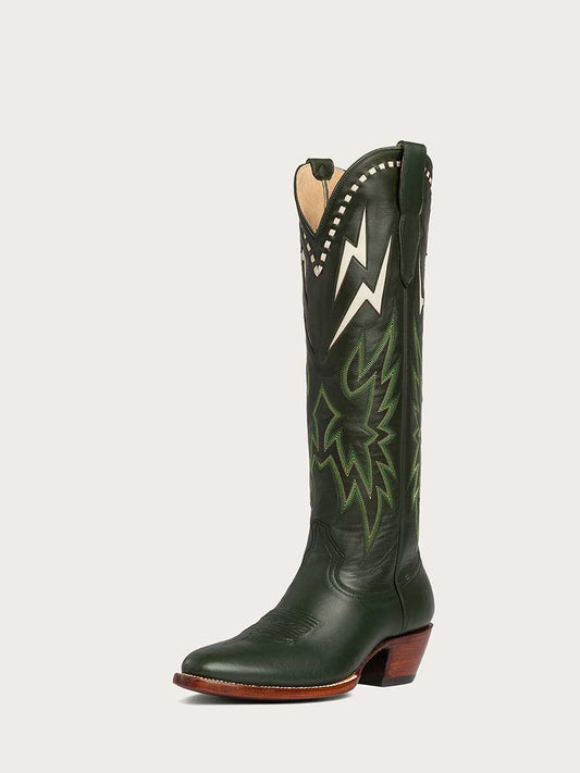 Dark Green Chunky Heel White Lightning Inlay Knee High Cowgirl Boots