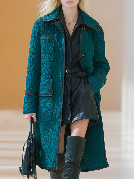 Fashionable Retro Black Trim Green Quilted Coat