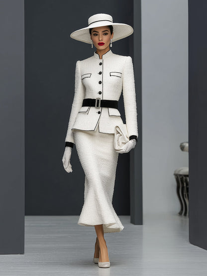 White Tweed Patchwork Black Ribbon Jacket And Fishtail Skirt Suit