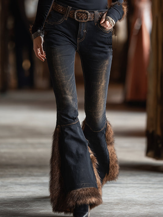 Fashionable Vintage Fur Trim Distressed Black Flared Jeans