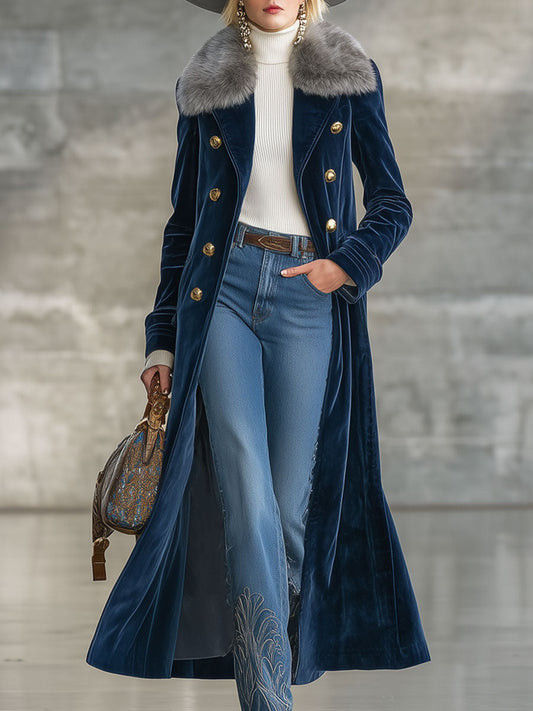 Fashion Retro Navy Blue Velvet Fur Collar Long Coat
