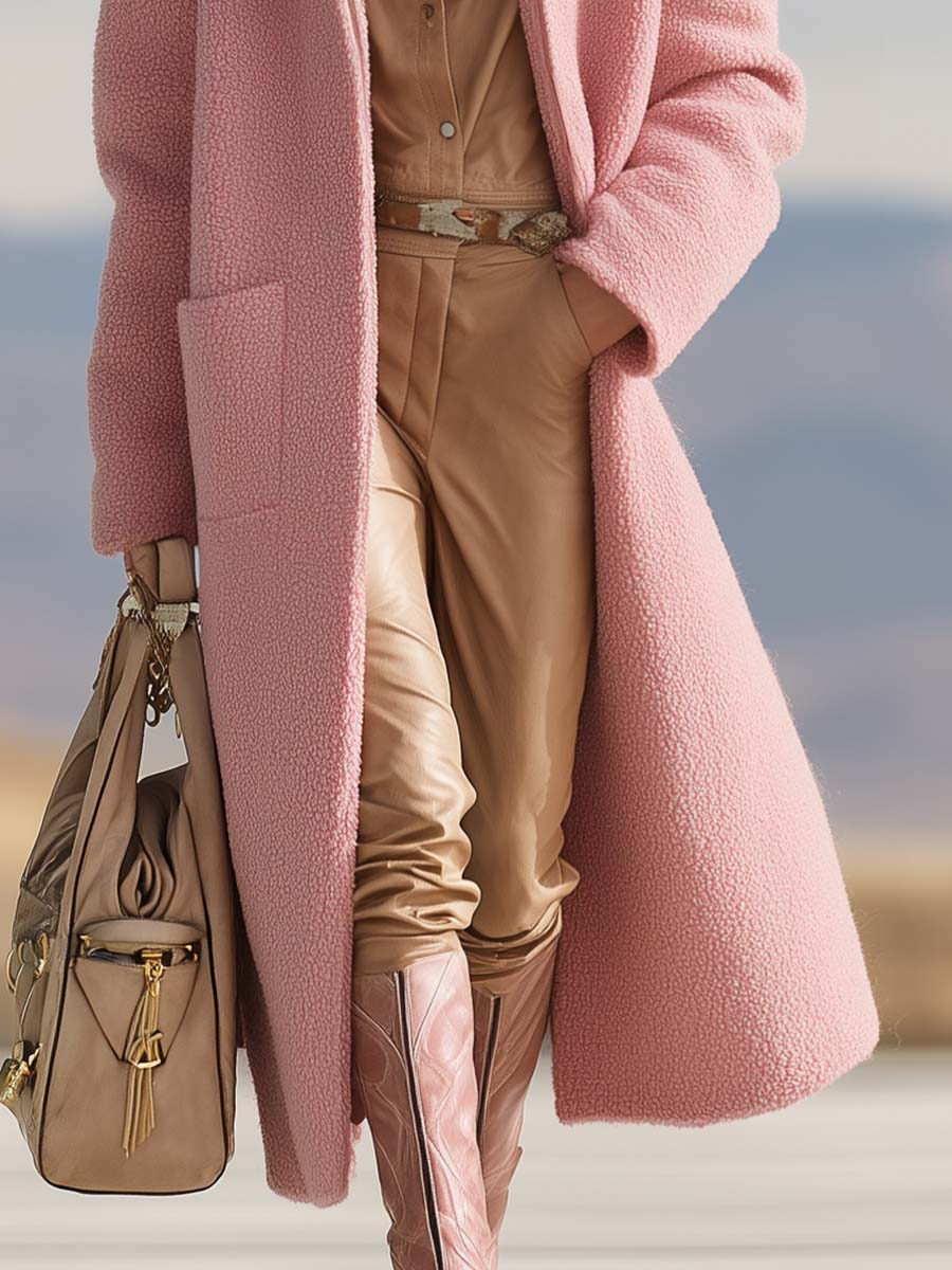Fashionable Western Versatile Lapel Front Zipper Pink Polar Fleece Coat