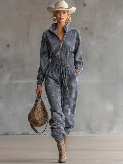 Exquisite Casual Sportswear High-neck Light Blue And Gray Floral Print Loose Jumpsuit