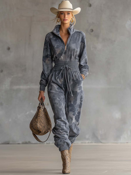 Exquisite Casual Sportswear High-neck Light Blue And Gray Floral Print Loose Jumpsuit