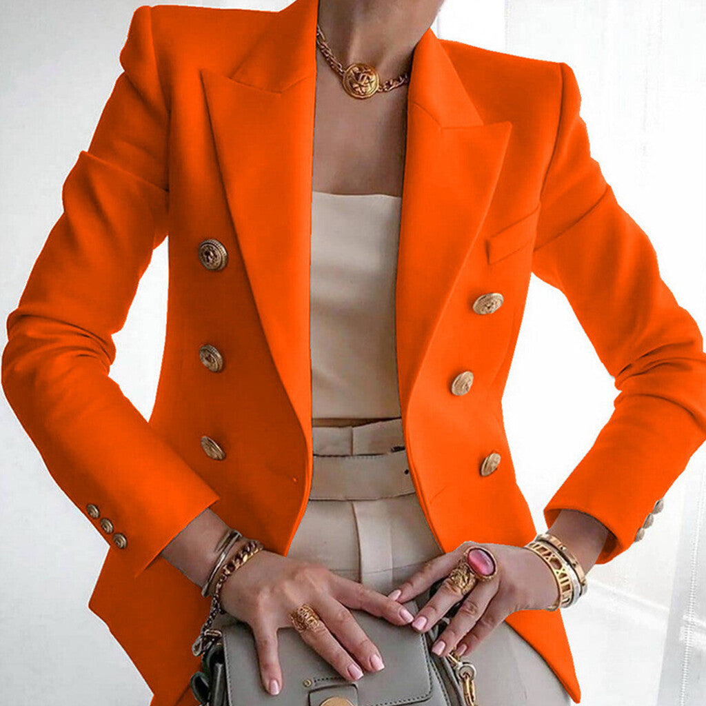 Formal Solid Double Breasted Long Sleeve Peaked Lapel Blazer