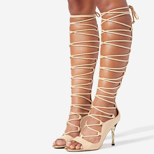 Beige Open Toe 4'' Stiletto Heel Lace Up Gladiator Sandals