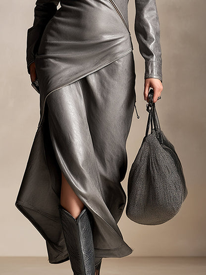 Fashionable Personality Gray Frosted Textured Faux Leather Lapel Long-sleeved Maxi Dress