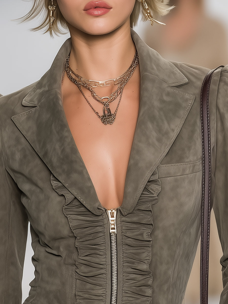 Vintage Western Ruffles Army Green Faux Suede Zip-up Blazer