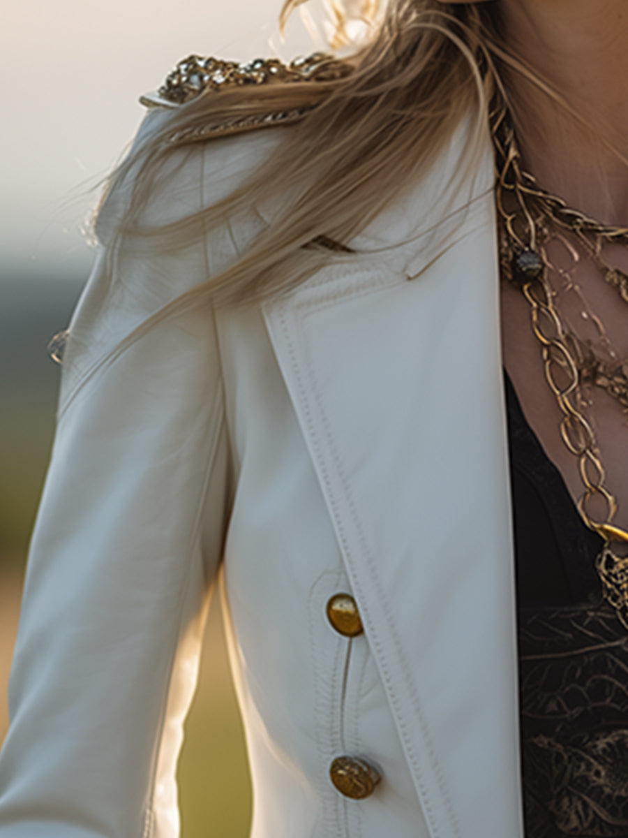 Fashion Retro White Faux Leather Epaulette Button Blazer