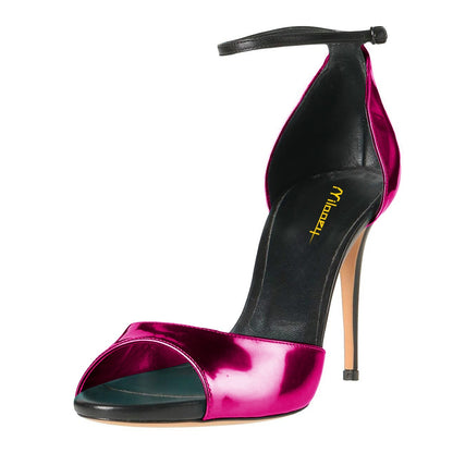 Fuchsia Metallic Ankle Strap Open Round Toe Stiletto Heeled Sandals