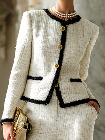 Elegant Classic Hemming Off-white Tweed Jacket And Wide-leg Pants Set