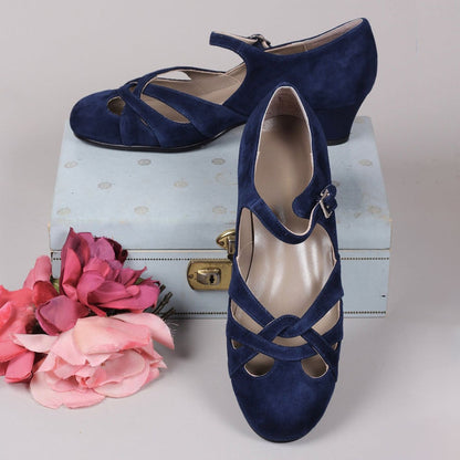 Faux Suede Round Toe Navy Blue Block Heel Pumps with Buckle