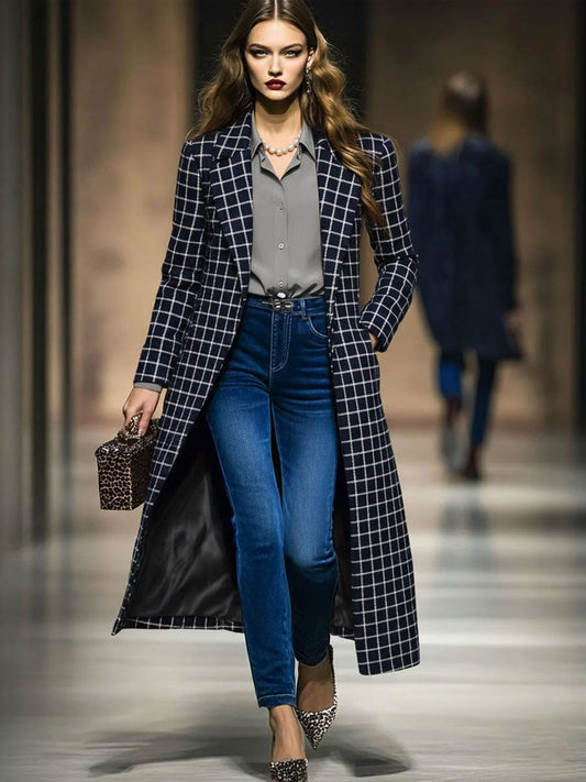 Fashion Retro Navy Tweed Plaid Long Coat