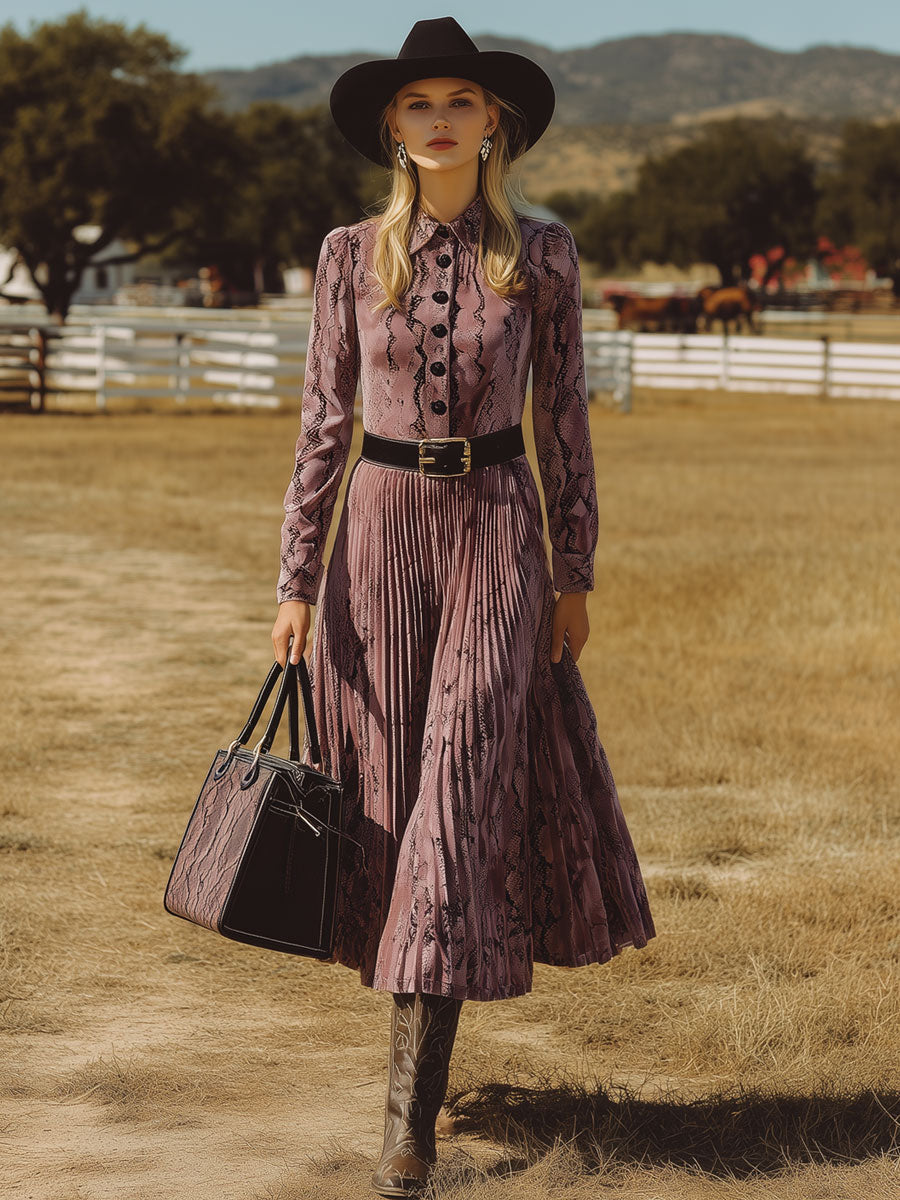 Western Nomadic Retro Purple Velvet Snake Print Pleated Midi Dress