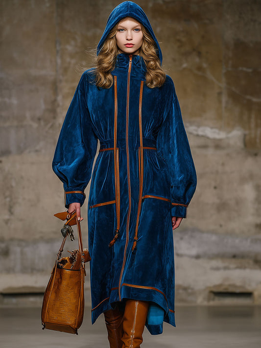 Fashion Retro Brown Trim Dark Blue Velvet Long-Sleeved Cape Midi Dress