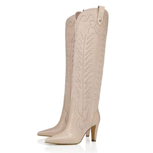 Beige Croc Embossed Cone Heel Embroidered Cowboy Boots for Women