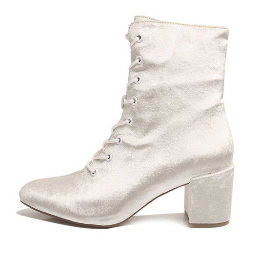 Elegant Ivory Velvet Bridal Shoes Lace Up Chunky Heel Ankle Boots