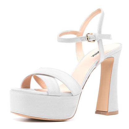 Elegant White Square Toe Buckle Ankle Strap Women's Heel Sandals
