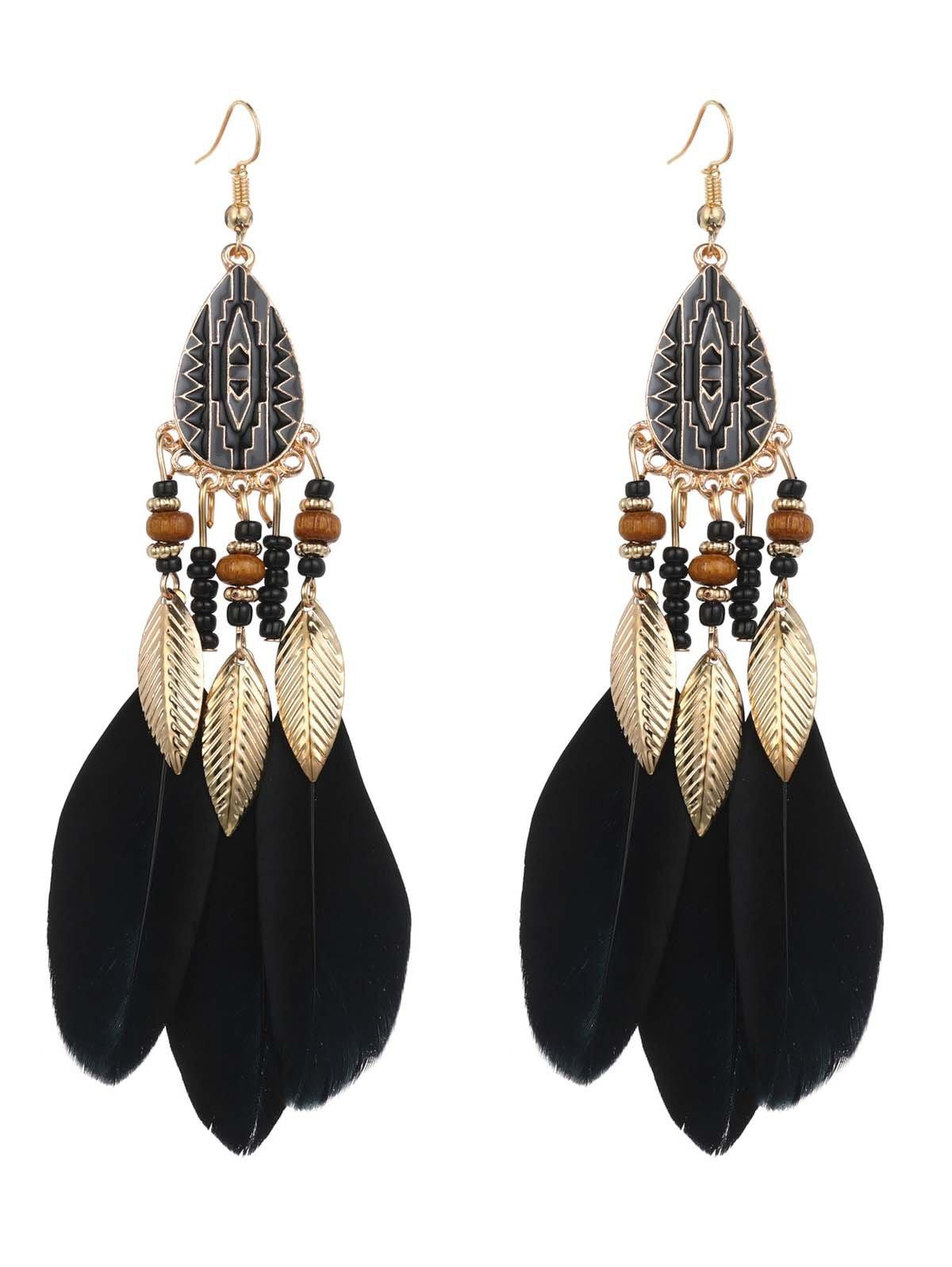 Retro Feather Decor Beaded Dangle Earrings