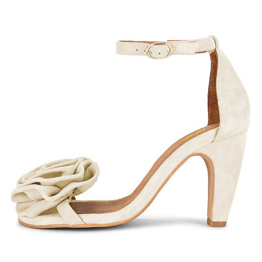 Beige Round Toe Buckle Ankle Strap Women's Heel Sandals with Flower