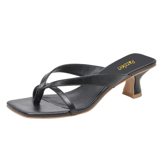 Elegant Square Toe Mid Heel Flip Flop Black Sandals for Women