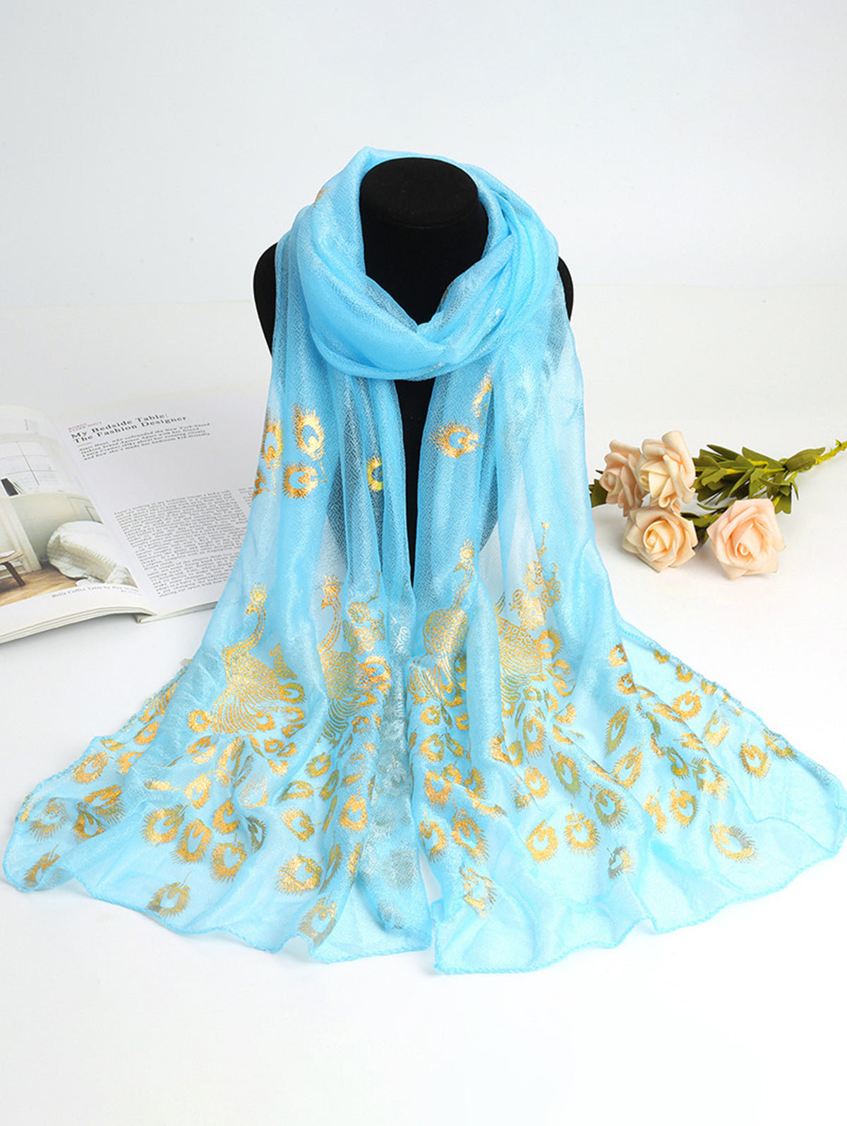 Elegant Plain Peacock Gold Stamping Lightweight Shawl