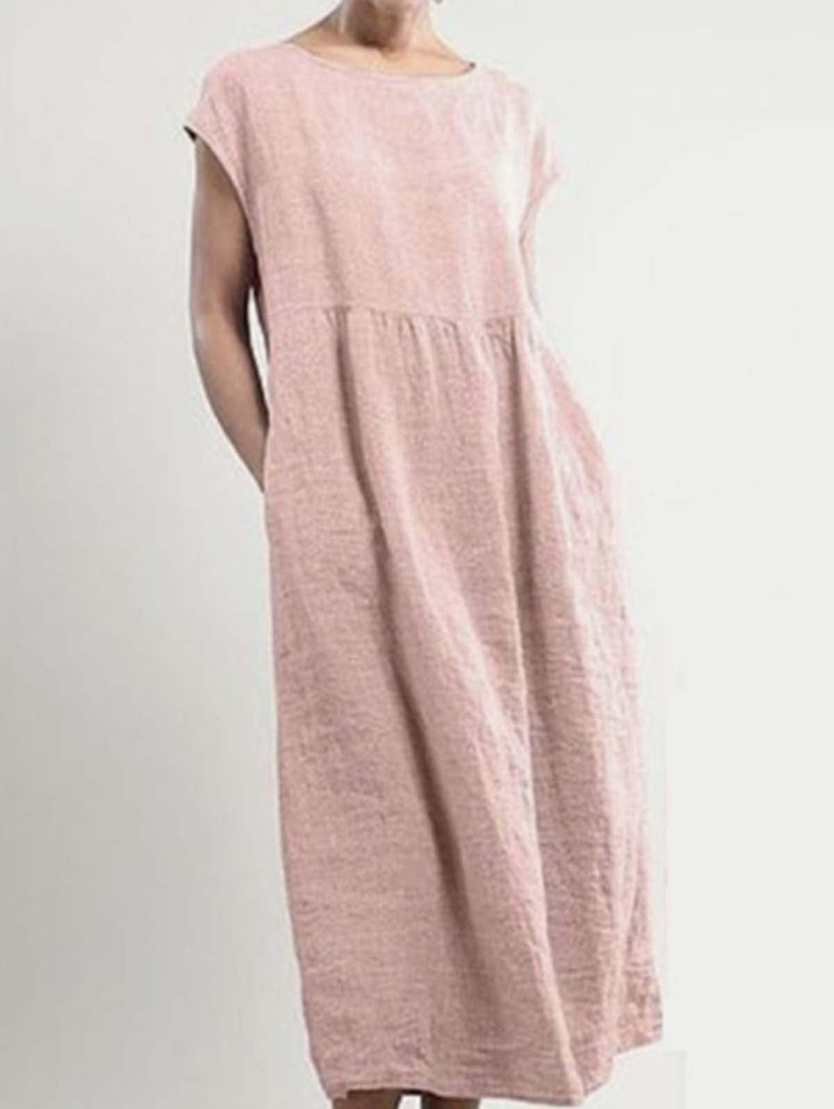 Solid color sleeveless loose cotton and linen pocket dress