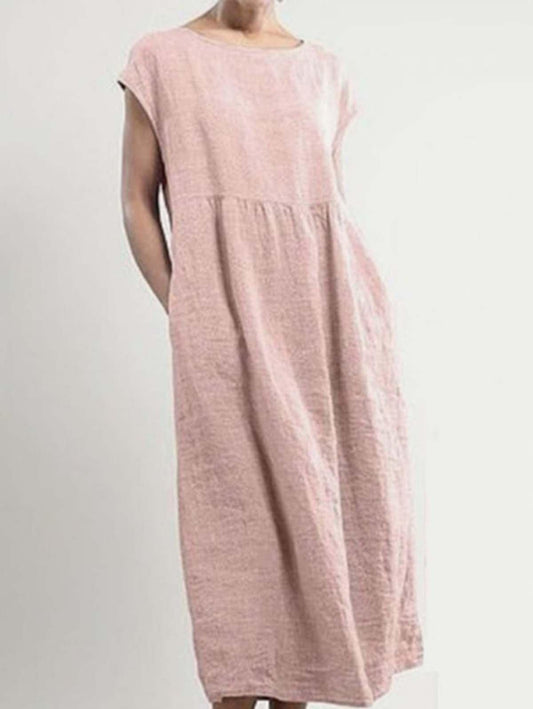 Solid color sleeveless loose cotton and linen pocket dress