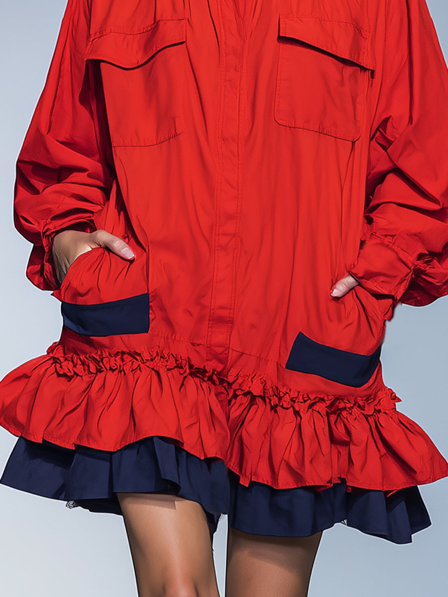 Fashionable Multi-pocket Red Ruffled Shirt Mini Dress