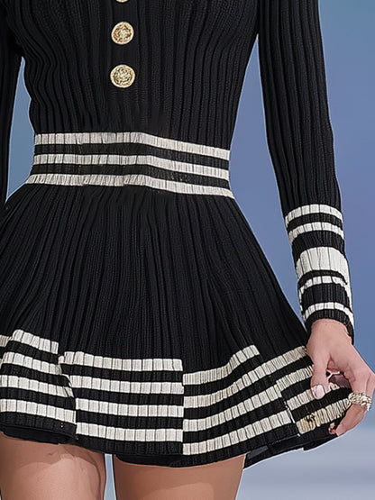 Exquisite And Elegant Gold Buttons Black High-neck Knitted Mini Dress