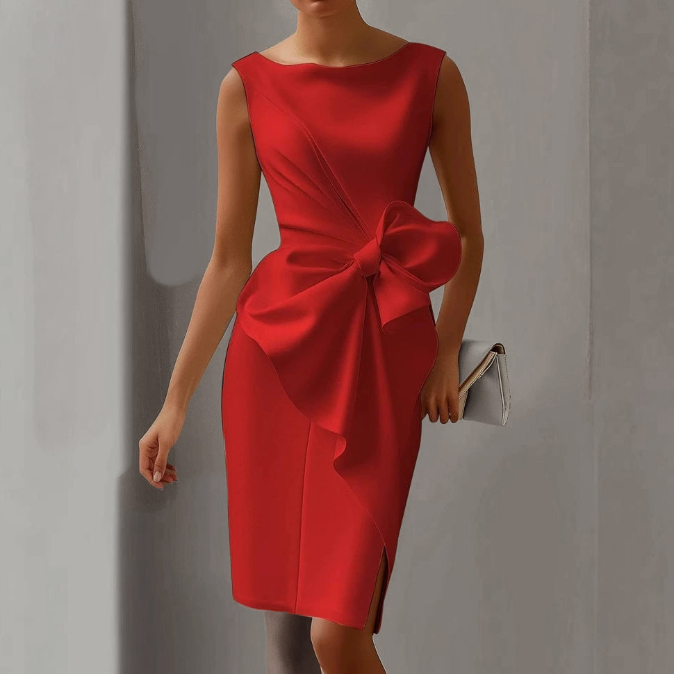 Formal Round Neck Sleeveless Bow Decor Slit Midi Dress