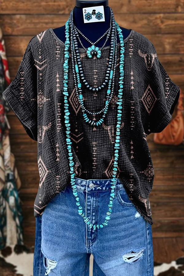 Retro Western Aztec Bull Head Washed Dolman Sleeve T-shirt
