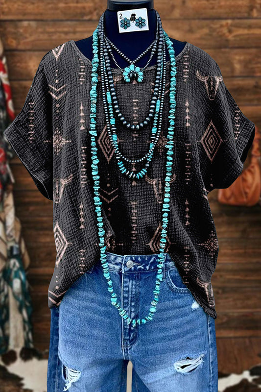 Retro Western Aztec Bull Head Washed Dolman Sleeve T-shirt