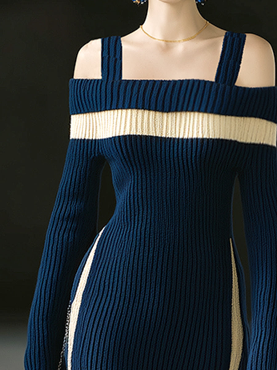 Elegant And Sophisticated Navy Blue Off-the-shoulder Long-sleeved Maxi Dress