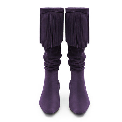Dark Purple Vegan Suede Block Heel Slouch Square Toe Boots Women