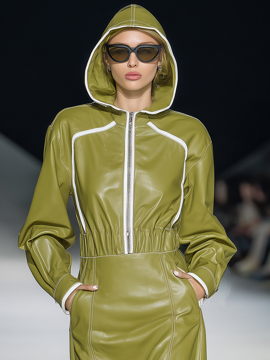 Fashionable Sports Green Faux Leather Hooded Midi Dress