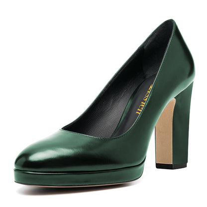 Dark Green Round Toe Chunky Heel Slip-On Platform Pumps for Women