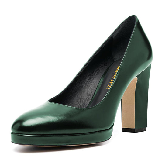 Dark Green Round Toe Chunky Heel Slip-On Platform Pumps for Women
