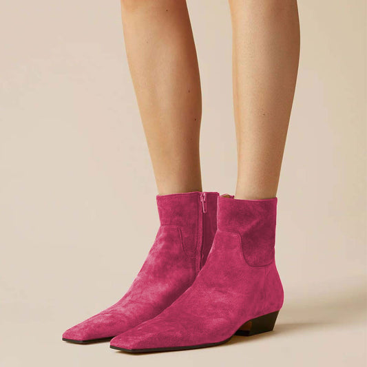 Fuchsia Square Toe Zipper Ankle Boots for Women with Chunky Heel