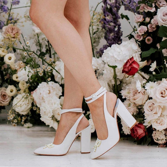 Elegant White Wedding Shoes Pearl Bowknot Ankle Strap Pumps Heels