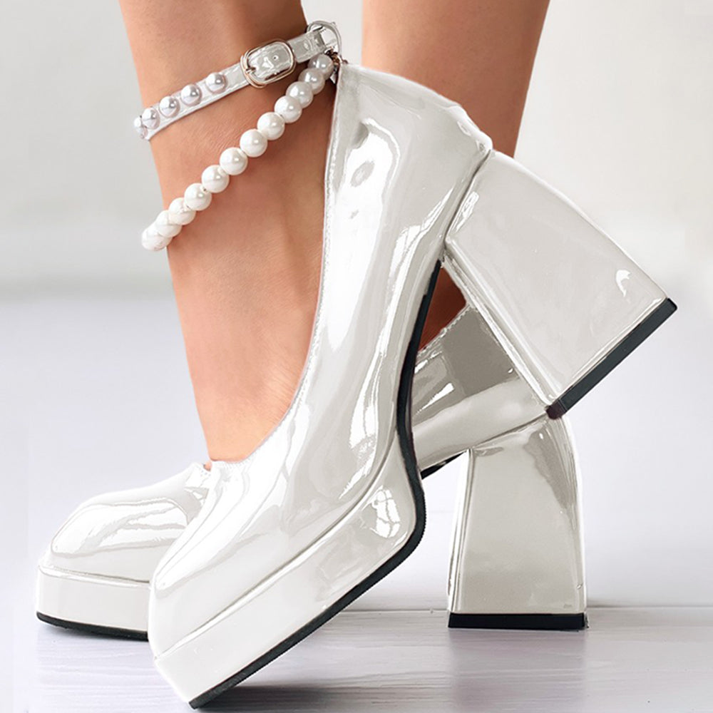Full Color Patent Leather Platform Mary Janes Pearl Ankle Strap Chunky Heels