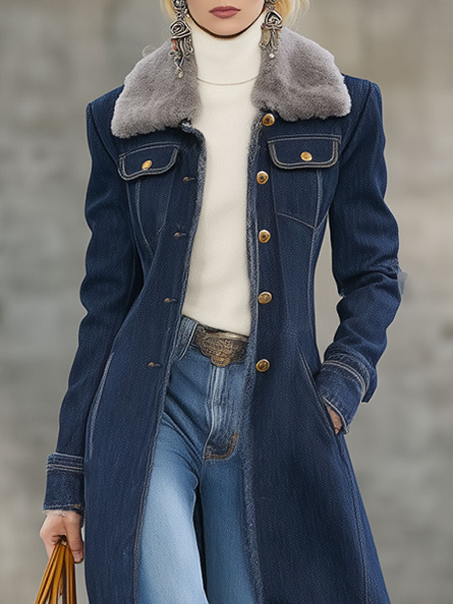 Fashion Retro Fur Collar And Fur Edge Dark Blue Denim Long Coat